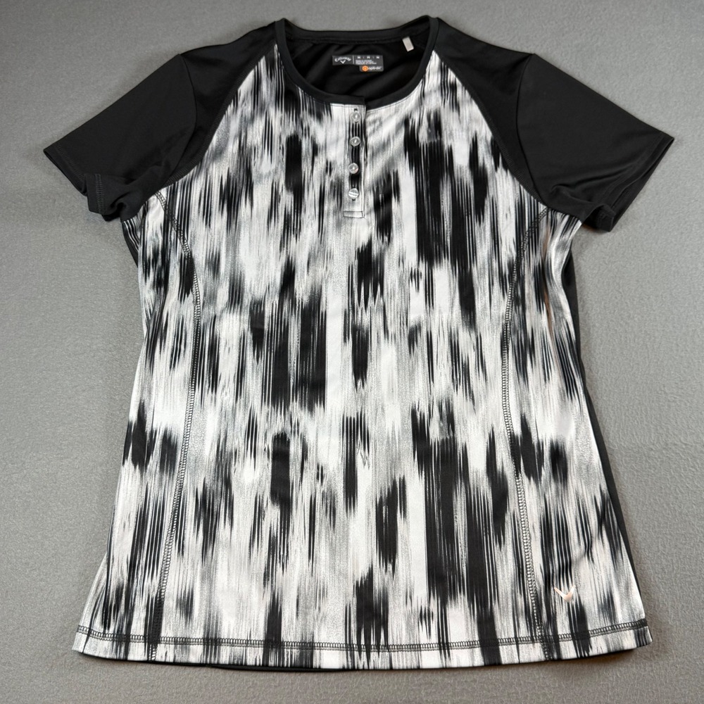 Callaway Womens Medium Golf Shirt Opti-Dri Henley Black White Abstract Print M